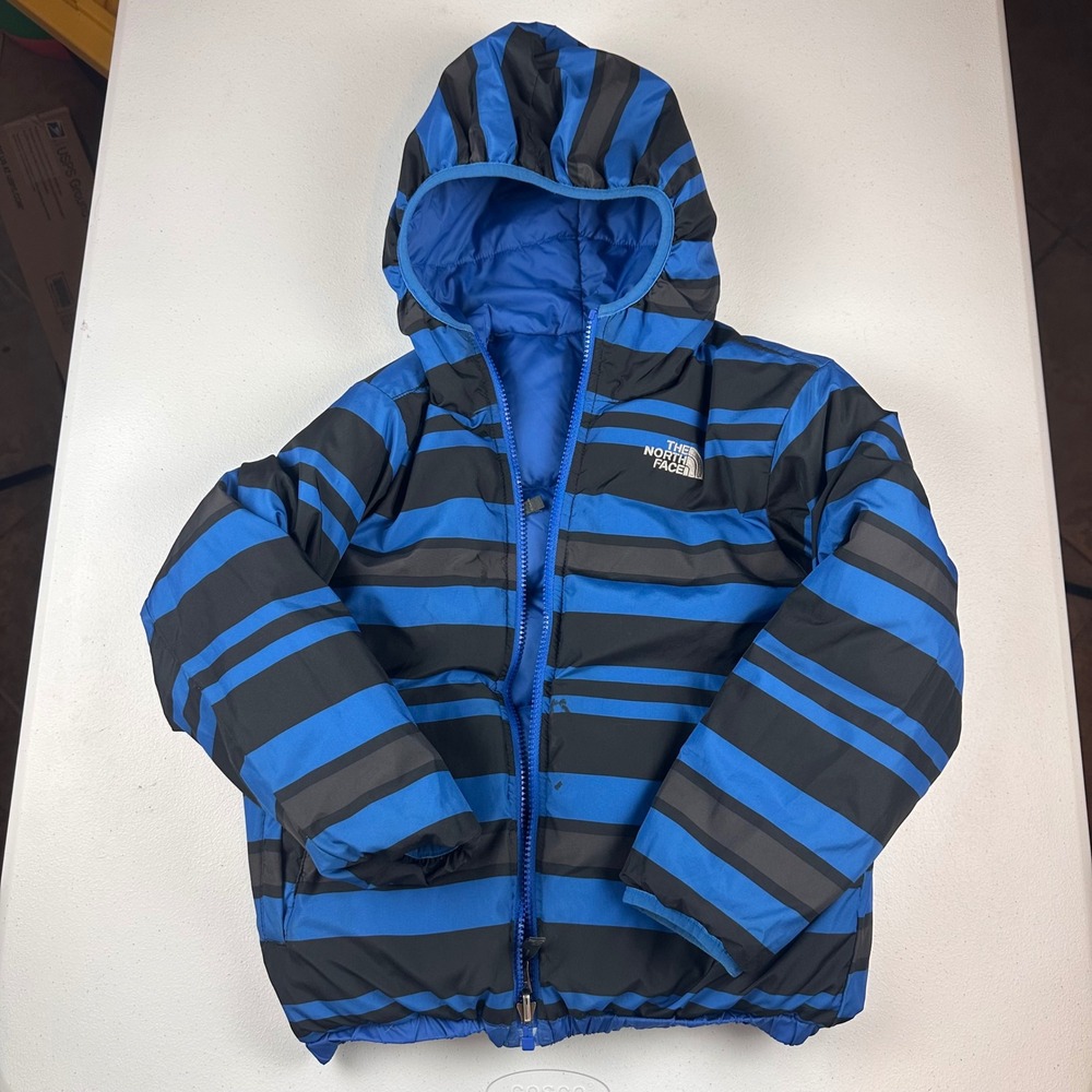 The North Face Puffer Jacket Boys Small 7/8 Blue Reversible 550 Down Broken Zip